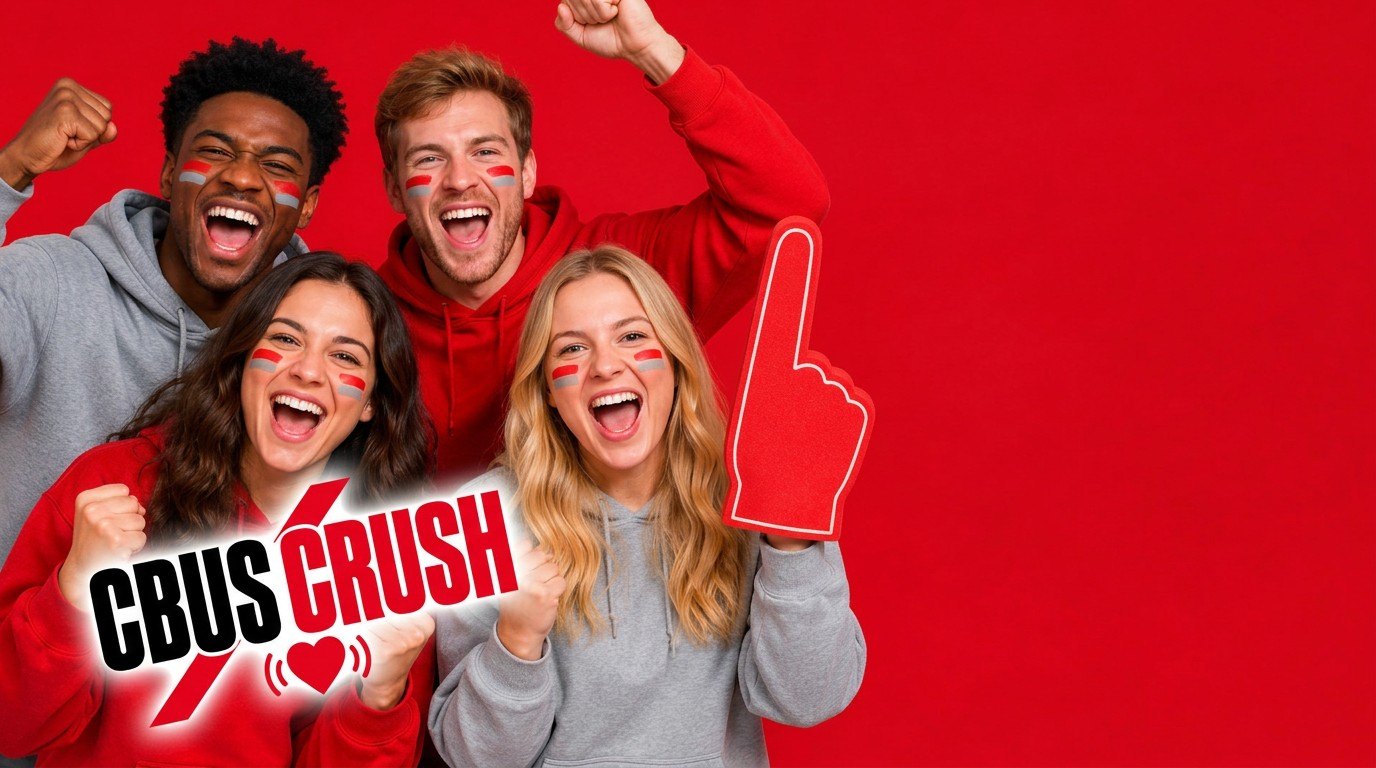 Friends cheering together in scarlet and grey